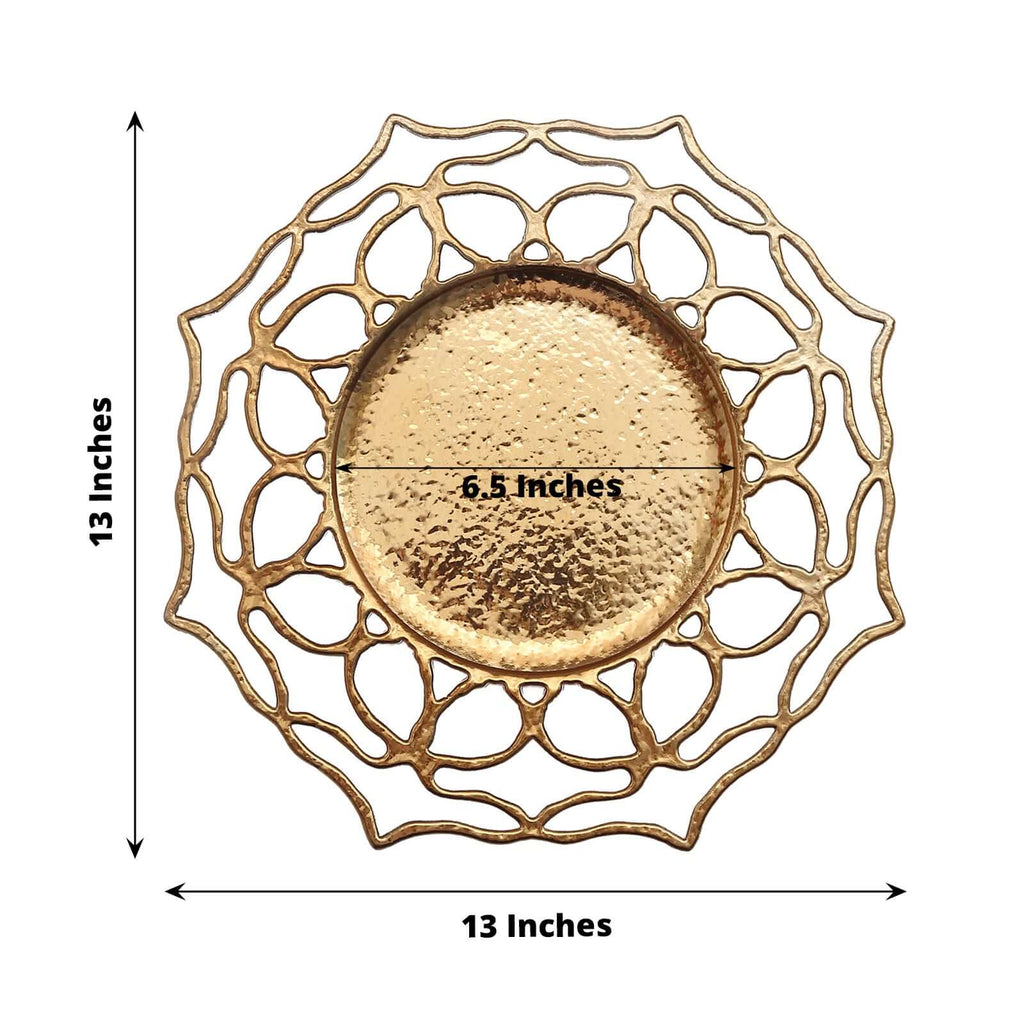 6-Pack Acrylic Charger Plates 13" Round Gold Floral Cutout Design - Hollow Flower Plastic Decorative Dinner Party Charger Tableware